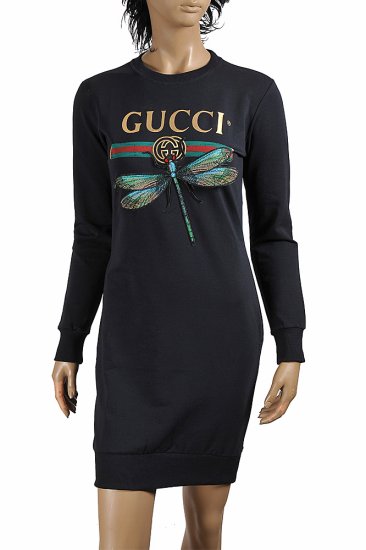 GUCCI cotton long dress with front dragonfly appliquÃ© 397 - Click Image to Close