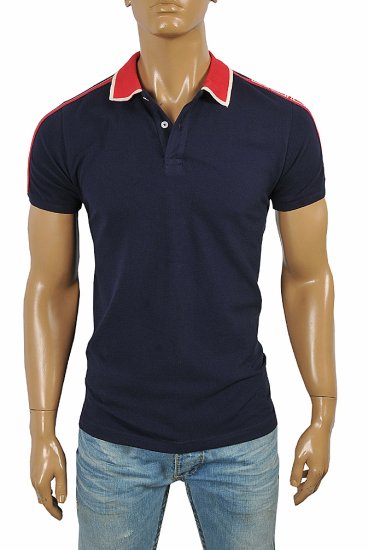 Messing Vær forsigtig dyr GUCCI men's cotton polo with GUCCI stripe in navy blue color #38